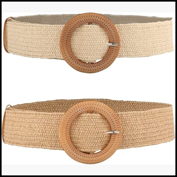 Braided Straw Dress Belts with Wooden Buckle - Wide Waist Belts for Summer